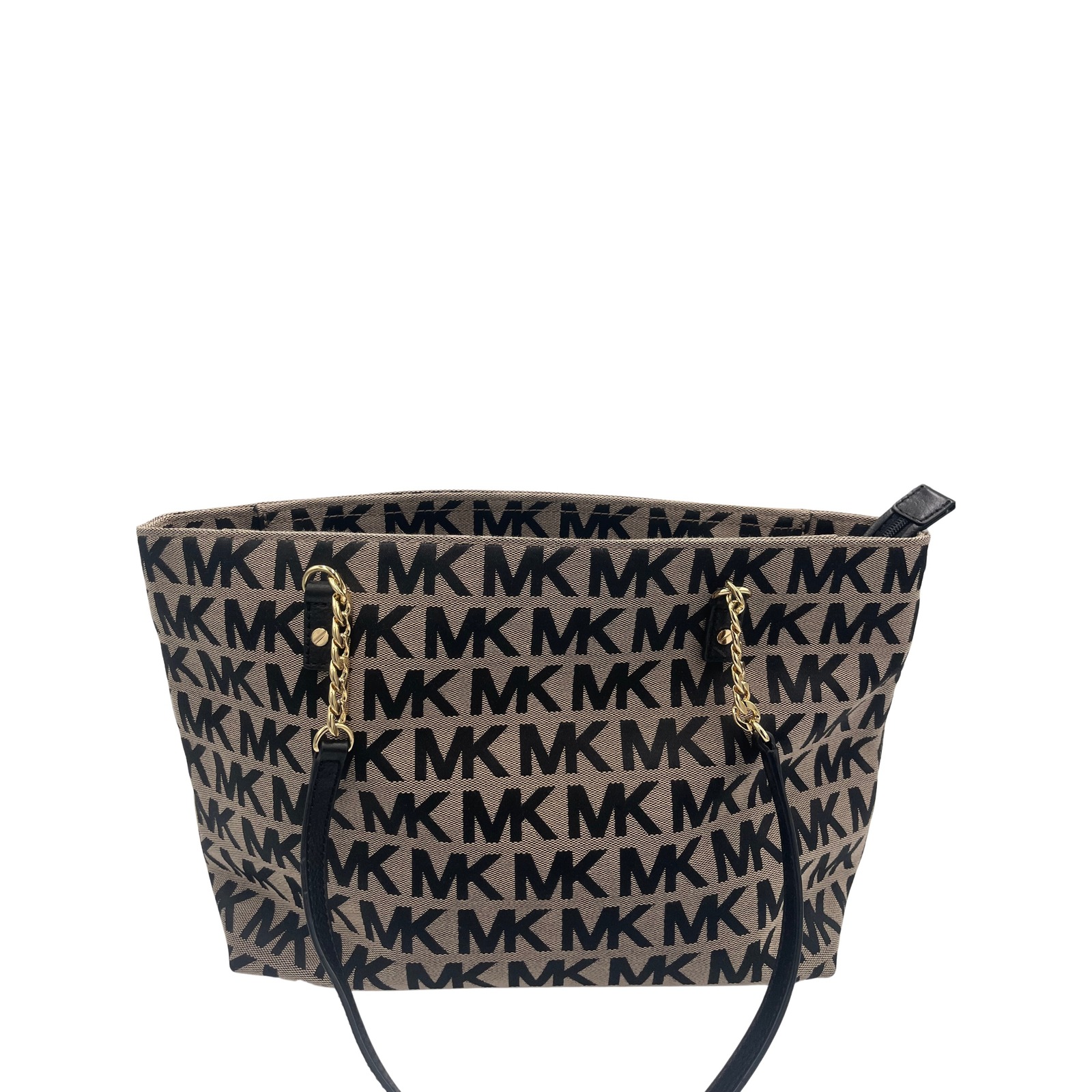 Michael Kors Mk Monogram Canvas Tote Bag Black Beige Gold Chain Strap Flytj7